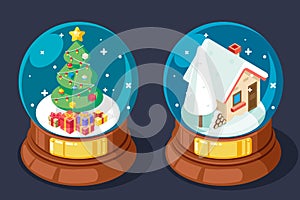Isometric chrismas snow covered homely cozy house tree gift box glass ball flat design vector illustration photo