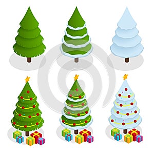 Isometric Christmas tree set. Decorated christmas tree with gift boxes, star, lights, decoration balls and lamps. Flat
