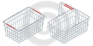 Isometric chrome plated wire metal double handles square empty shopping basket. Shopping basket isolated on a white