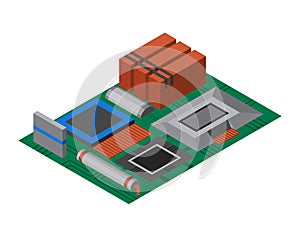 Isometric circuit board with electronic components. Computer chip technology processor circuit and computer motherboard