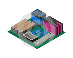 Isometric circuit board with electronic components. Computer chip technology processor circuit and computer motherboard
