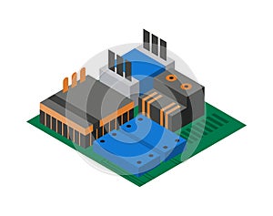 Isometric circuit board with electronic components. Computer chip technology processor circuit and computer motherboard