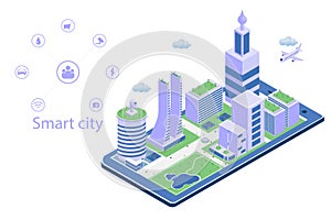 Isometric city, capital, Intelligent buildings on smartphone with icon infographic. Web template and landing page vector design.