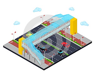 Isometric City. City Road with Pedestrian Bridge and Bicycle Path