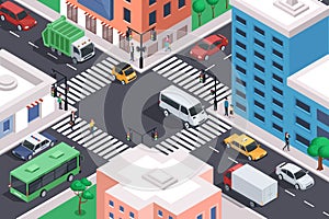 Isometric city crossroad with cars, road intersection traffic jam. Urban downtown street with transport and people