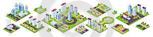 Isometric city. 3D real estate houses cars and town constructions, city blocks with streets and nature. Vector urban