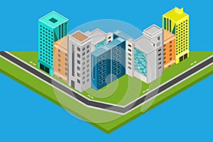 Isometric city design houses, buildings Vector illustration