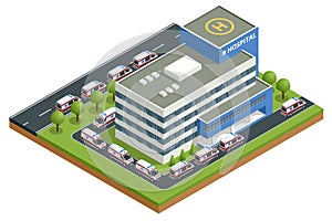 Isometric city hospital and a line of ambulances. There is a place for a helicopter on the roof. Health and medicine