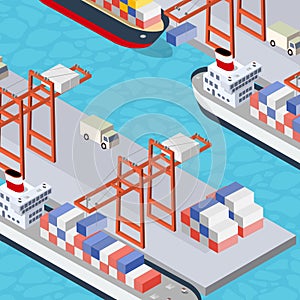 Isometric City industrial port with transport boat and naval ships