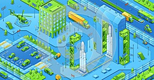 Isometric city infrastructure, spaceport, helipad