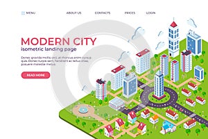 Isometric city landing page. 3D smart city concept with skyscrapers, business centers, streets and cars. Vector web page photo