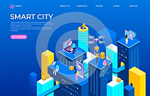 Isometric city landing page. Futuristic buildings transport and gadgets with people characters. Vector night technology