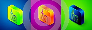 Isometric City landscape icon isolated on blue, purple and green background. Metropolis architecture panoramic landscape