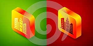 Isometric City landscape icon isolated on green and red background. Metropolis architecture panoramic landscape. Square