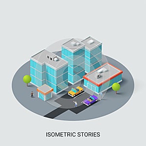 Isometric city location map with business buildings