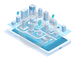 Isometric city map mobile navigation on smartphone screen. Modern smart city navigation mobile app vector illustration
