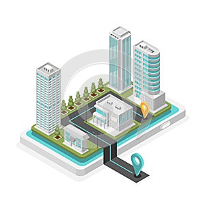 Isometric city map mobile navigation. Urban district on smartphone screen with start and finish pins. Modern logistic or
