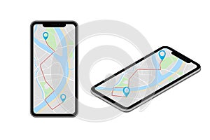 Isometric City map smartphone navigation, Isometry phone point marker, vector schema isometric city plan GPS navigation