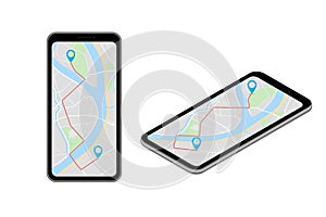 Isometric City map smartphone navigation, Isometry phone point marker, vector schema isometric city plan GPS navigation
