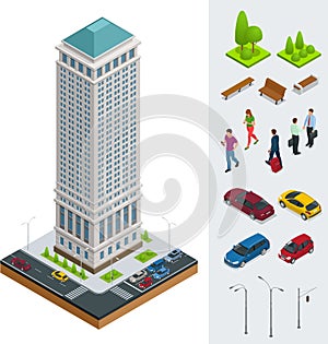 Isometric City modern flat buildings. Financial district. Set of vector tall building