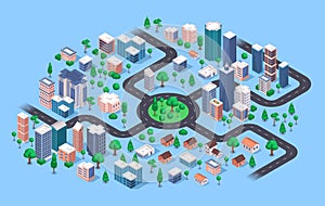 Isometric city. Modern urban cityscape with buildings, apartment houses, skyscrapers, roads, streets, trees, stores. 3d