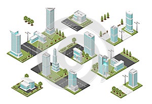 Isometric city modules. Modern suburbs, urban construction plan. Various districts with parks and public zones