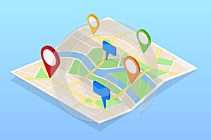 Isometric City navigation map with pins or gps map, cityscape. Vector illustration