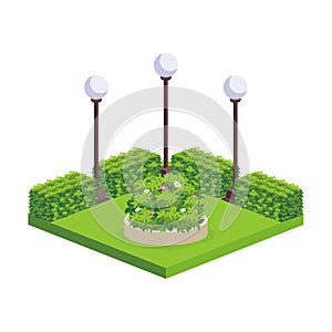 Isometric city park with bushes, grass and garden lamp,