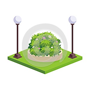 Isometric city park with bushes, grass and garden lamp,