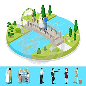 Isometric City Park Composition with Wedding Couple. Outdoor Activity