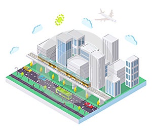 Isometric city with public transport, flat vector illustration. Taxi car, bus, rapid transit metro train.