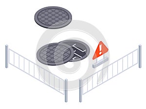 Isometric city road barriers. Urban city sewer works, road under construction, road fenced with security signposts 3D vector