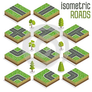 Isometric City Road Elements Set with Trees