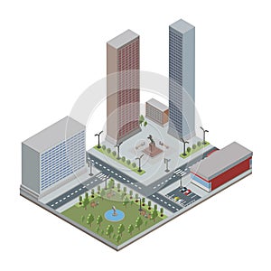 Isometric city with skyscrapers, buildings, public park and store. Downtown and suburbs. Vector illustration, isolated