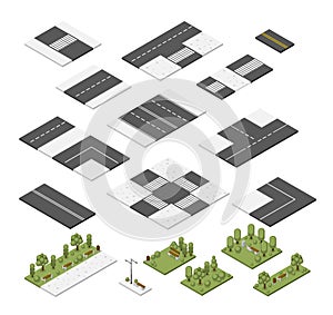 Isometric city streets elements, road modules design. Lawn and park parts, crossroad. Isolated town public zones, map