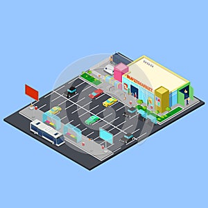 Isometric City. Supermarket Building with Parking Area, Bus Stop and Bicycle Places