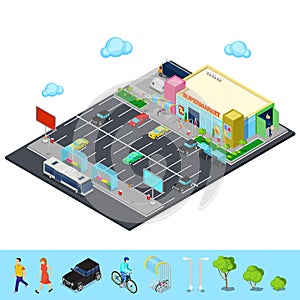 Isometric City. Supermarket Building with Parking Area, Bus Stop and Bicycle Places