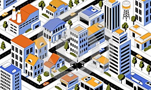 Isometric city. Top view of districts and roads. Cartoon buildings and highways. Facades of multistory houses or streets