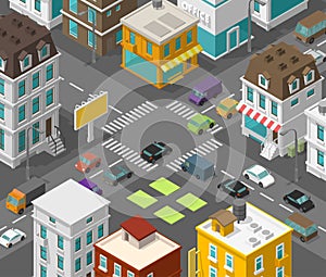 Isometric city. Town district street. Advertising billboard on the road Intersection crosswalk. Vector high detail city projection