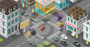Isometric city. Town district street. Advertising billboard on the road Intersection. Vector high detail city rectangular