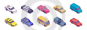 Isometric city traffic. Modern cars, different models of urban transport vehicle abstract flat style, automotive