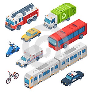 Isometric city transport. Ambulance, police car and fire engine. Subway train, town taxi and public bus. Traffic cars 3d