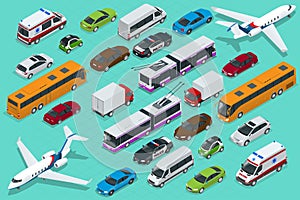 Isometric city transport with front and rear views. Trolley, plane, sedan, van, cargo truck, off-road, bike, mini and