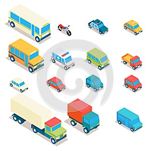 Isometric city transport and trucks vector icons
