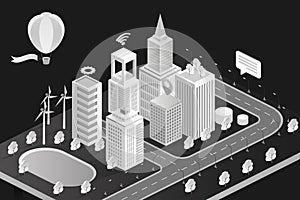 Isometric city vector illustration, black and white 3d cityscape background with modern bank hotel office buildings