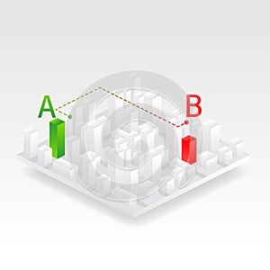 Isometric city vector illustration. City street map plan with GPS pins and navigation route from A to B point markers