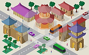 Isometric cityscape of east asian buildings, streets, pagoda, fortress towers, crossroad, cars, buses and people