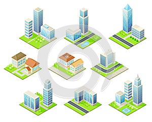 Isometric Cityscape with Skyscraper and Suburban Houses on Green Lawn Vector Set
