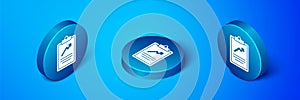 Isometric Clipboard with graph chart icon isolated on blue background. Report text file icon. Accounting sign. Audit