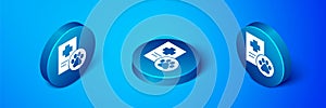 Isometric Clipboard with medical clinical record pet icon isolated on blue background. Health insurance form. Medical